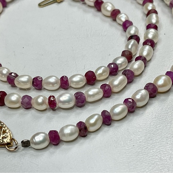 14K Pearl Ruby Necklace Single Strand 18” - Picture 2 of 6